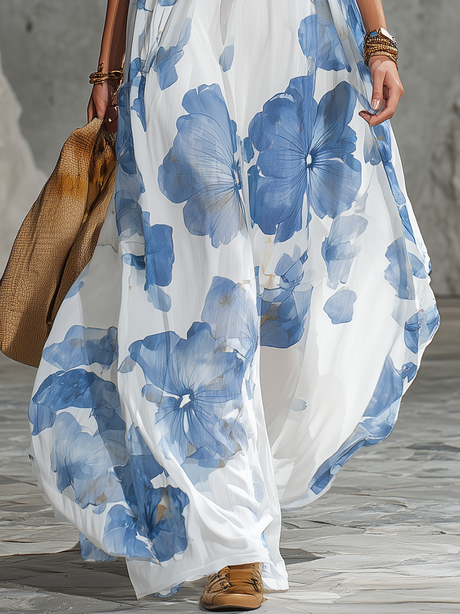 Elegant Retro Vacation-Style Oversized Floral Print Chiffon Maxi Dress
