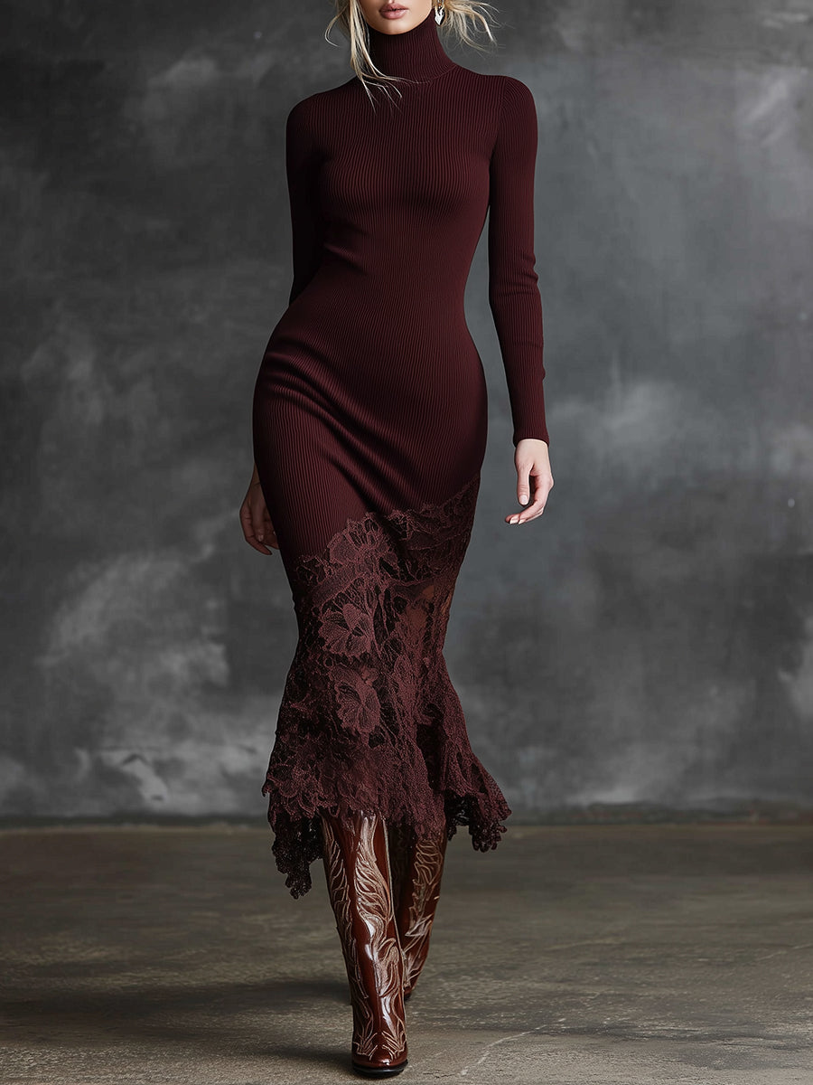 Simple and Elegant High-neck Lace Hem Burgundy Knitted Maxi Dress