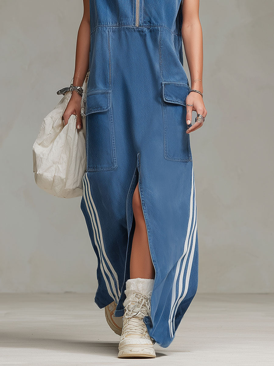 Stand-Collar Zip-Up Sleeveless Denim Maxi Dress