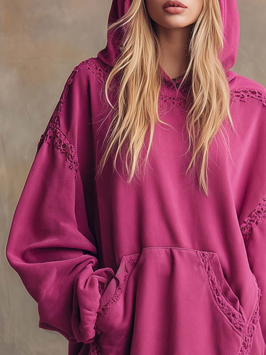 Elegant Retro Sporty Lace Trim and Ruffled Hem Rose Pink Cotton Hooded Style Mini Dress
