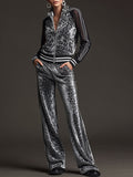 Sporty Retro Striped Mesh Sleeve Grey Leopard Print Velvet Sweatshirt And Pants Set
