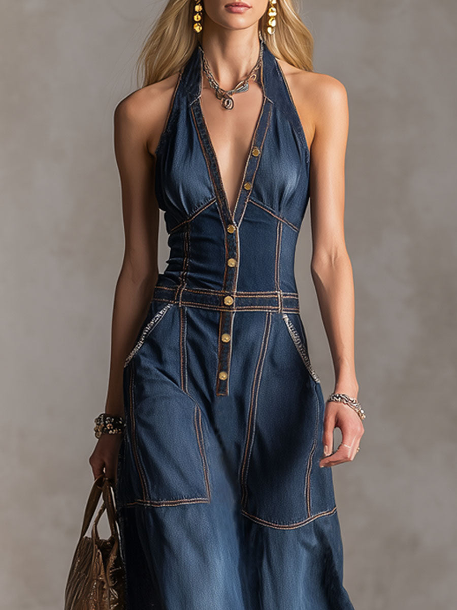Halter Neck V-Neck Button-Down Double Pocket Sleeveless Denim Maxi Dress
