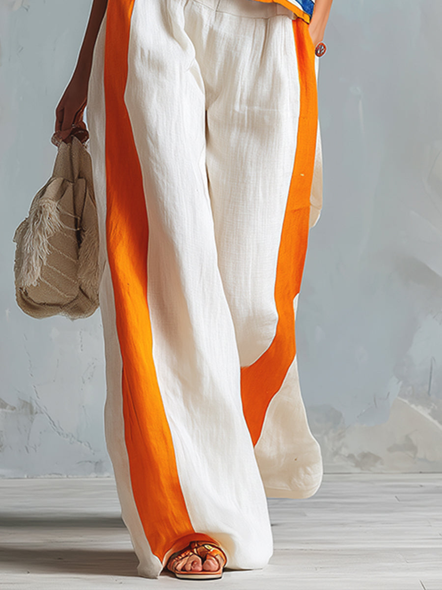 Casual Urban Style Contrast-Trimmed White T-Shirt & Wide-Leg Trousers Cotton-Linen Set