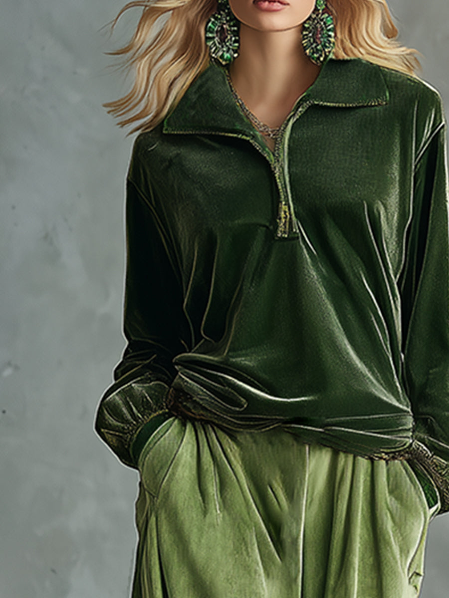 Trendy Retro Sporty Green Velvet Top And Leopard Print Wide-leg Trousers Set