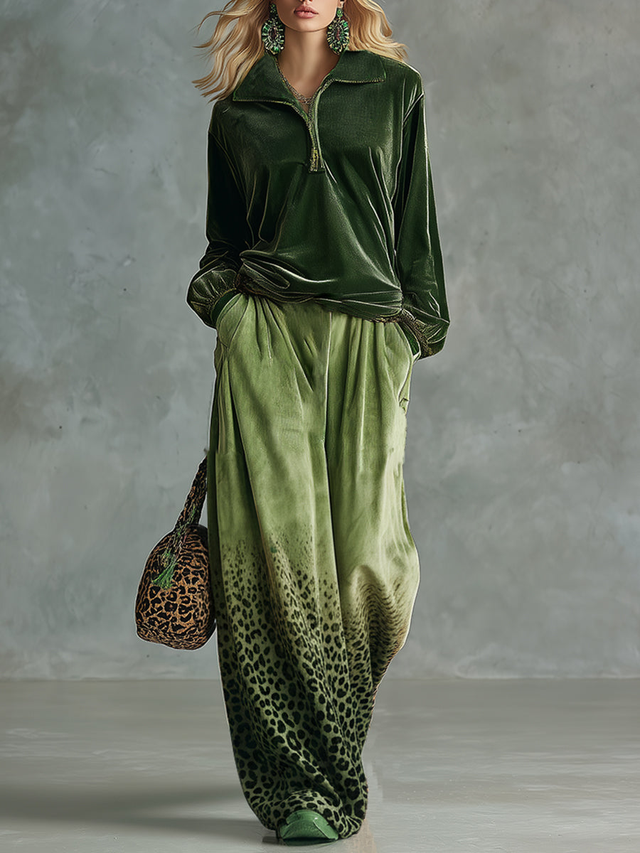Trendy Retro Sporty Green Velvet Top and Leopard Print Wide-leg Trousers Set