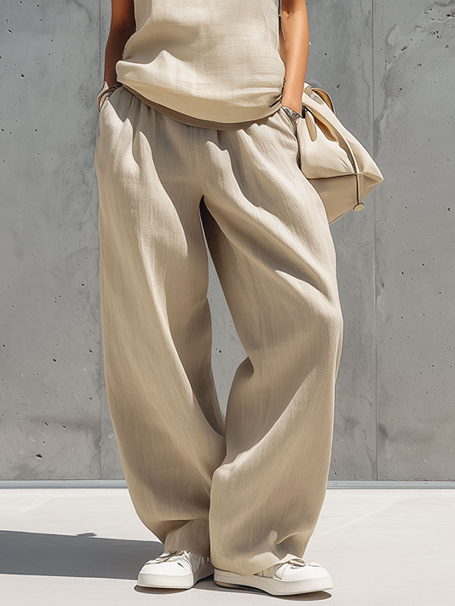 Casual Retro Sand-Coloured Cotton Linen Sleeveless Cardigan and Wide-Leg Trousers Set