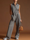 Casual Sporty Retro Dark Grey Cotton Blend Zipper Sleeveless Jumpsuit