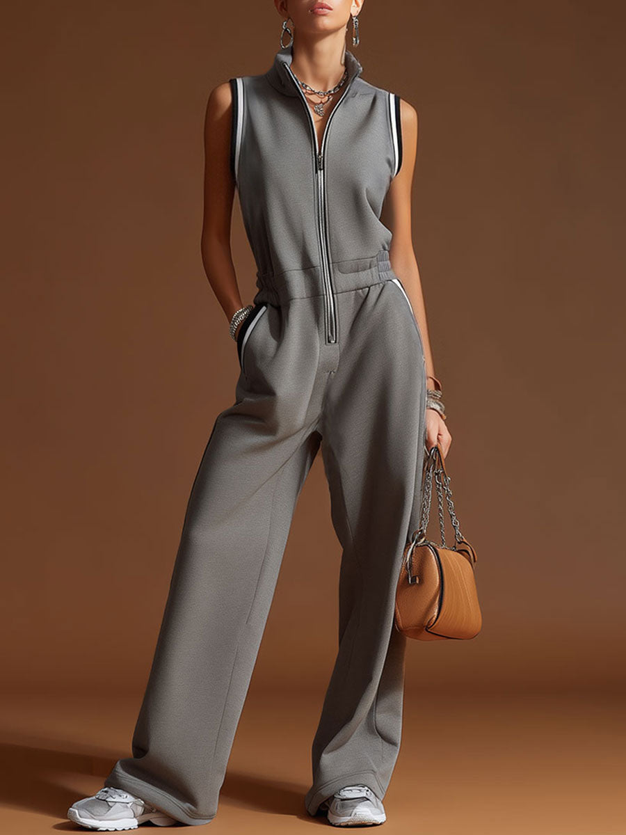 Casual Sporty Retro Dark Grey Cotton Blend Zipper Sleeveless Jumpsuit