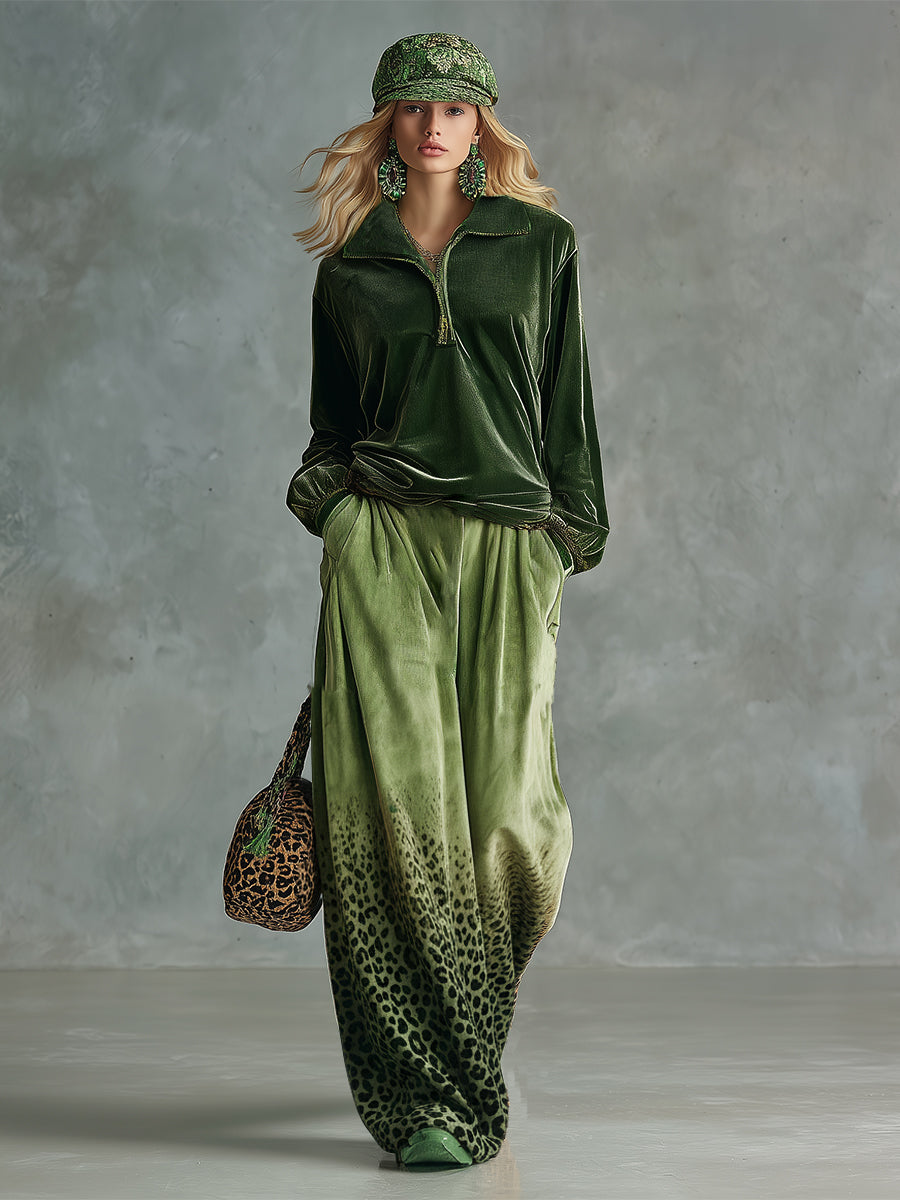 Trendy Retro Sporty Green Velvet Top and Leopard Print Wide-leg Trousers Set
