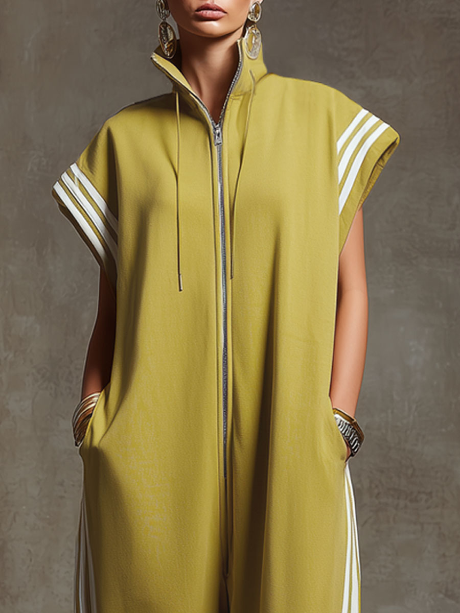 Casual Sports White Webbing Yellow-Green Sleeveless Jumpsuit