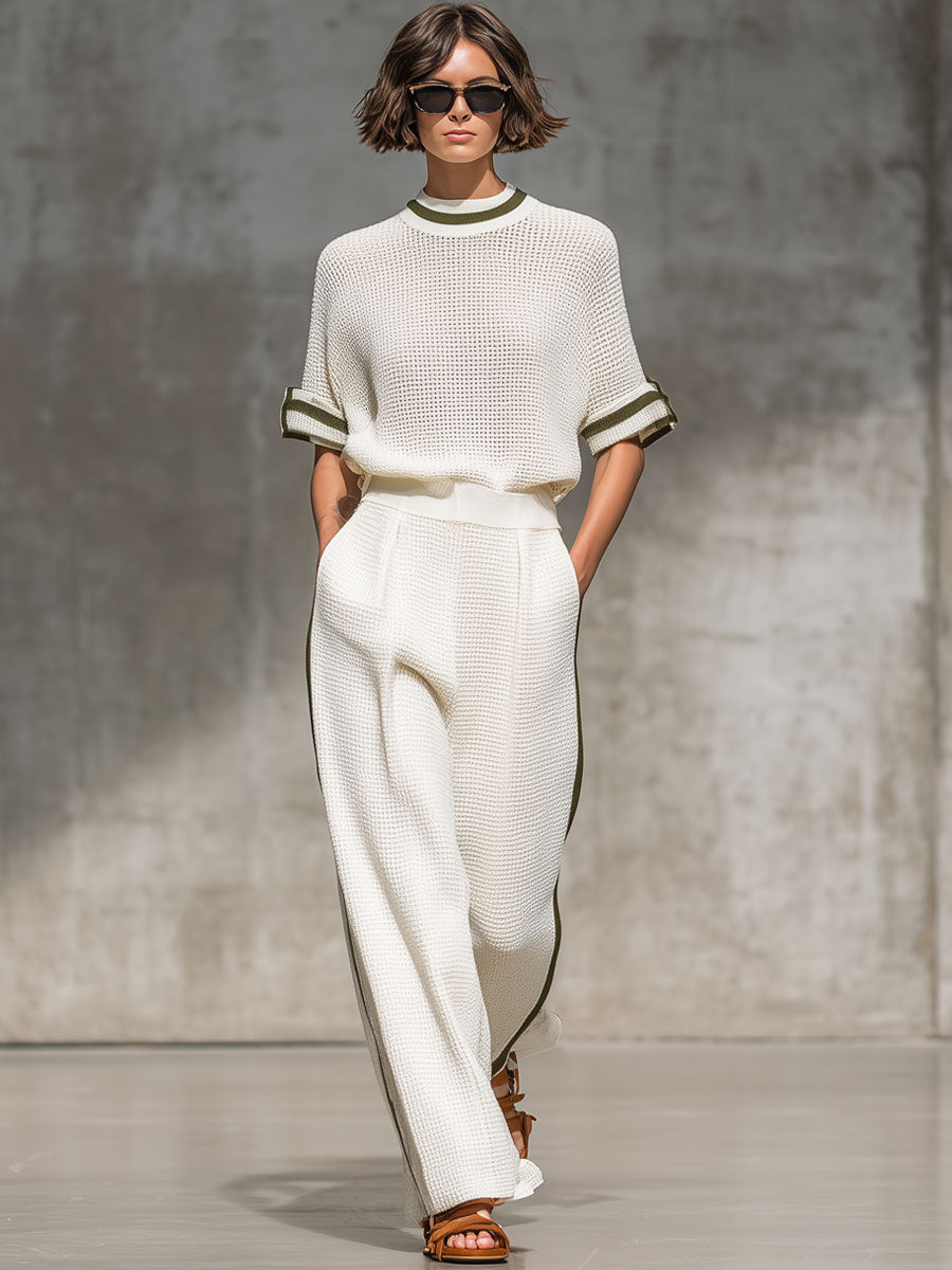 Vintage-Trimmed White Knitted Mesh Short-Sleeved Shirt and Wide-Leg Trousers Set