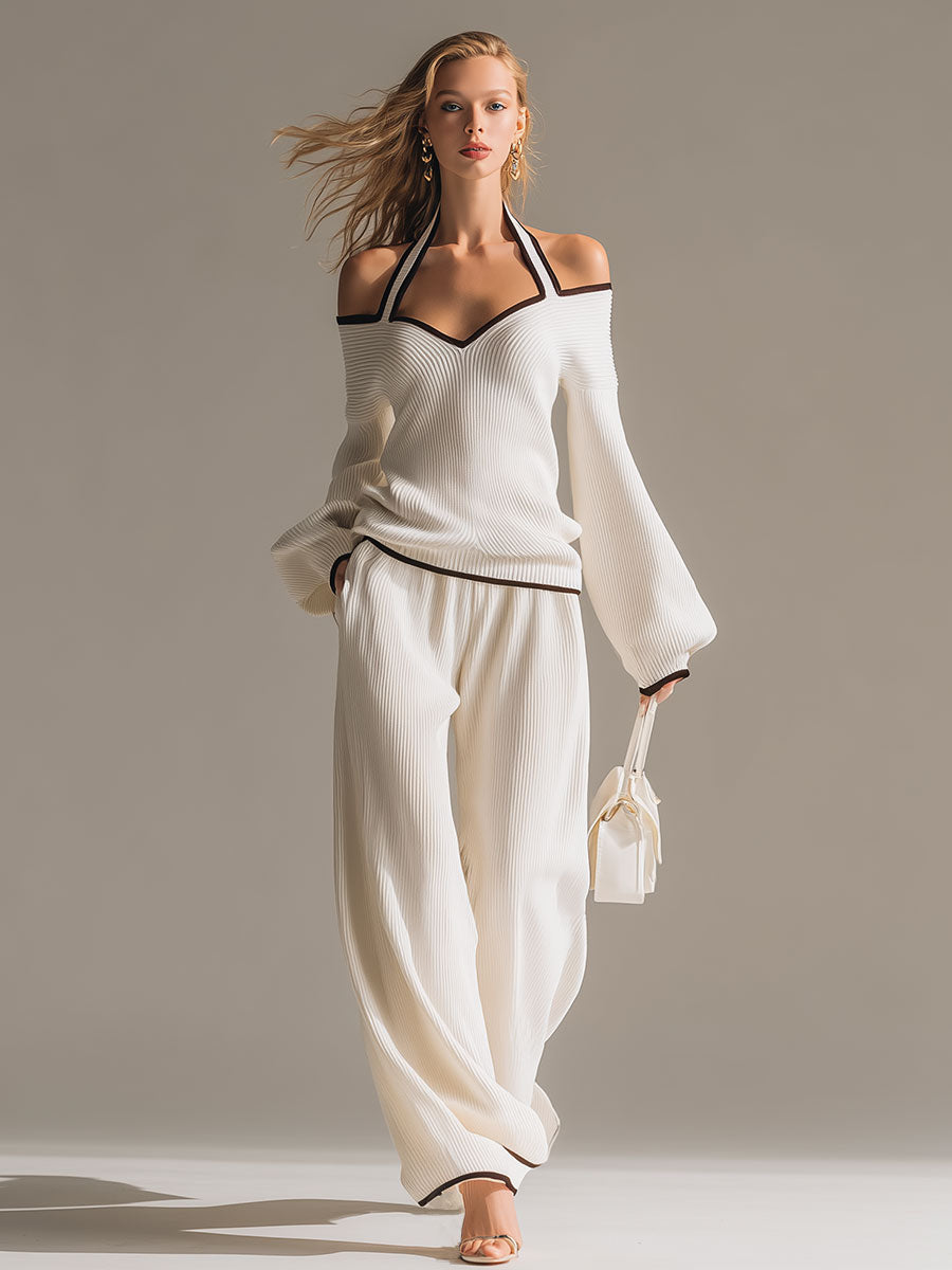 Elegant Colour-blocked White Halter-neck Long-sleeved Knit Top and Pants Set