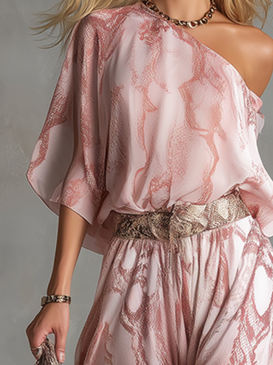 Retro Urban Style Pink Snake Print One-Shoulder T-Shirt and Wide-Leg Trousers Set
