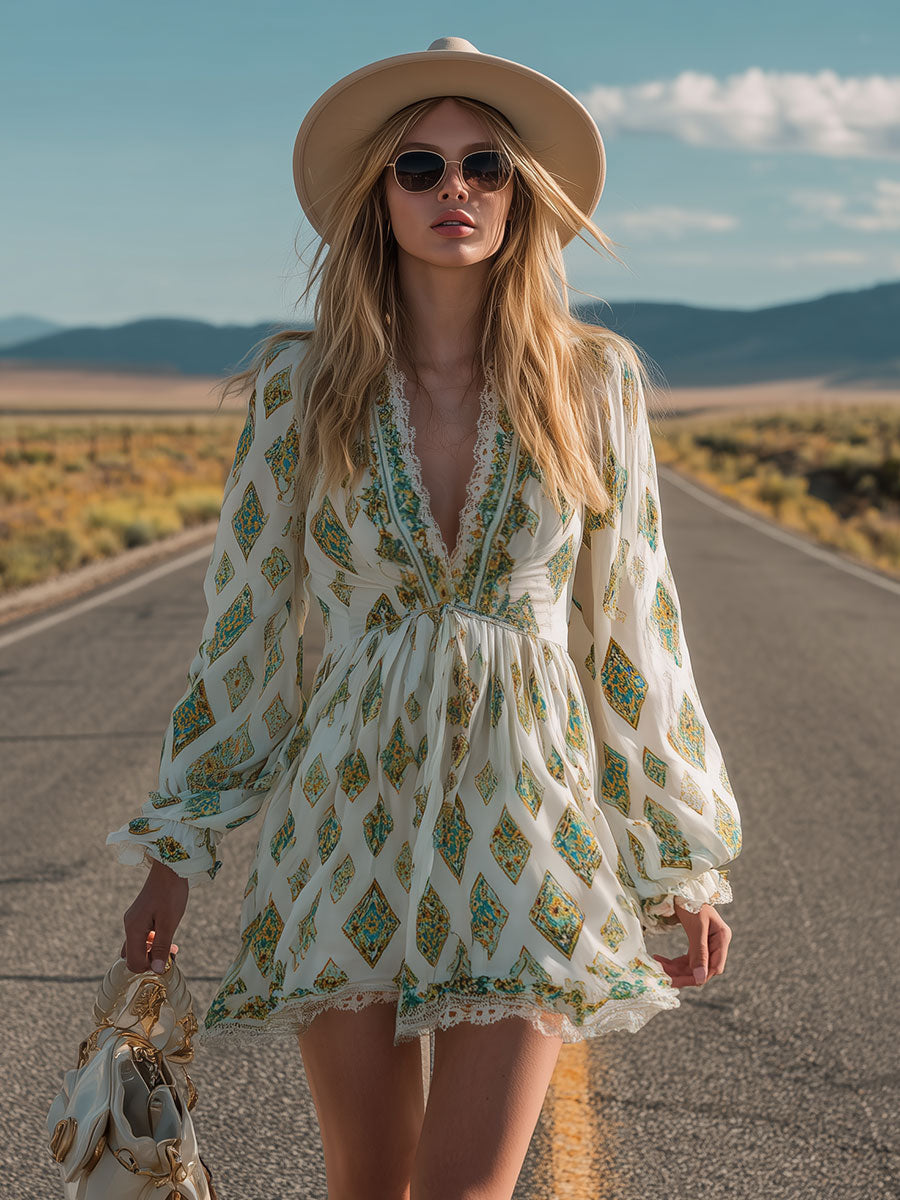 Retro Lace Trim Ethnic Print White V-neck Short-sleeved Chiffon Mini Dress