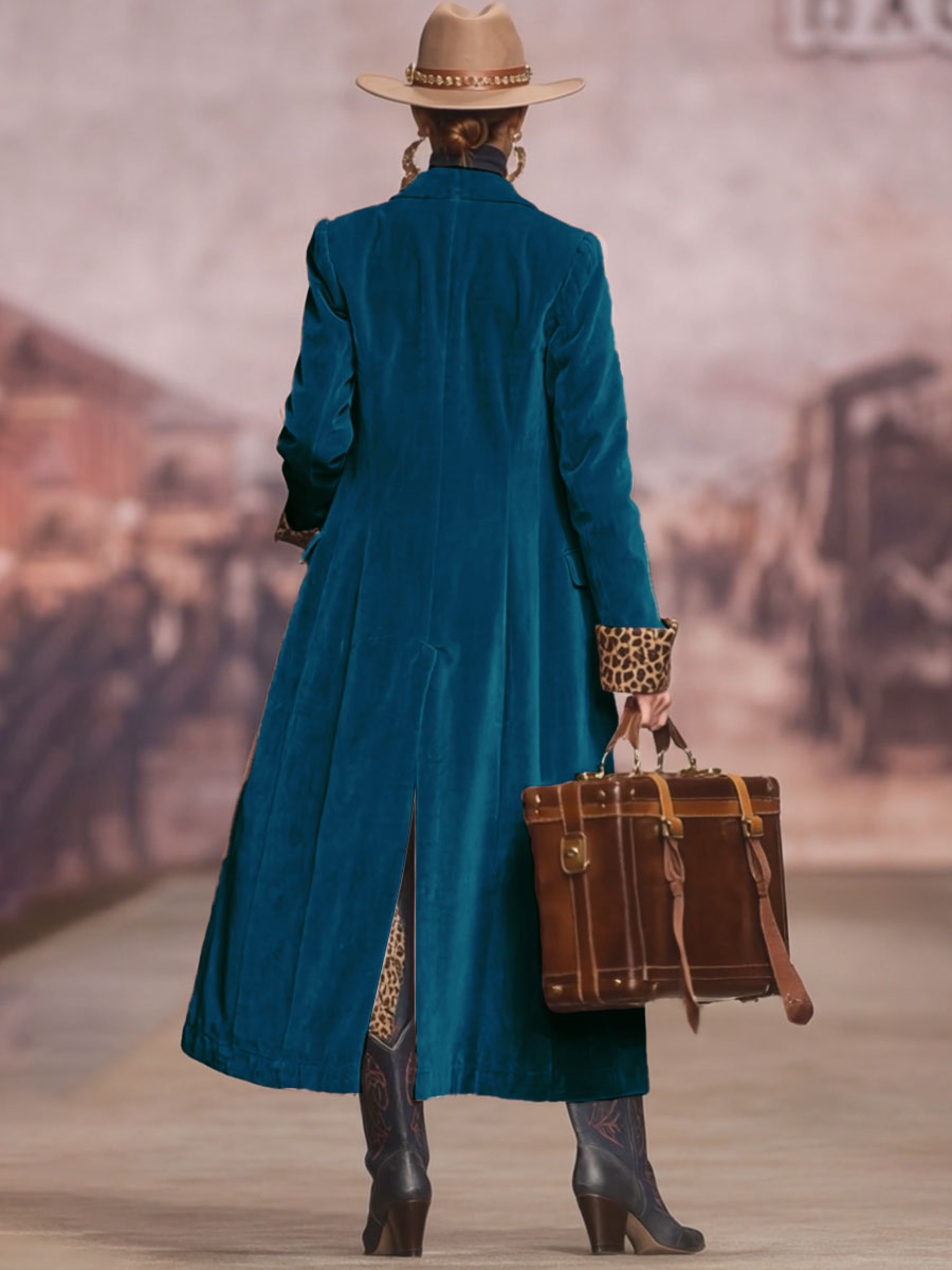 Lapel Single-breasted Velvet and Leopard Print Coat