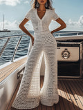【24-hour shipping out】Seaside Vacation V-neck White Crochet Short-sleeved Top and Trousers Set