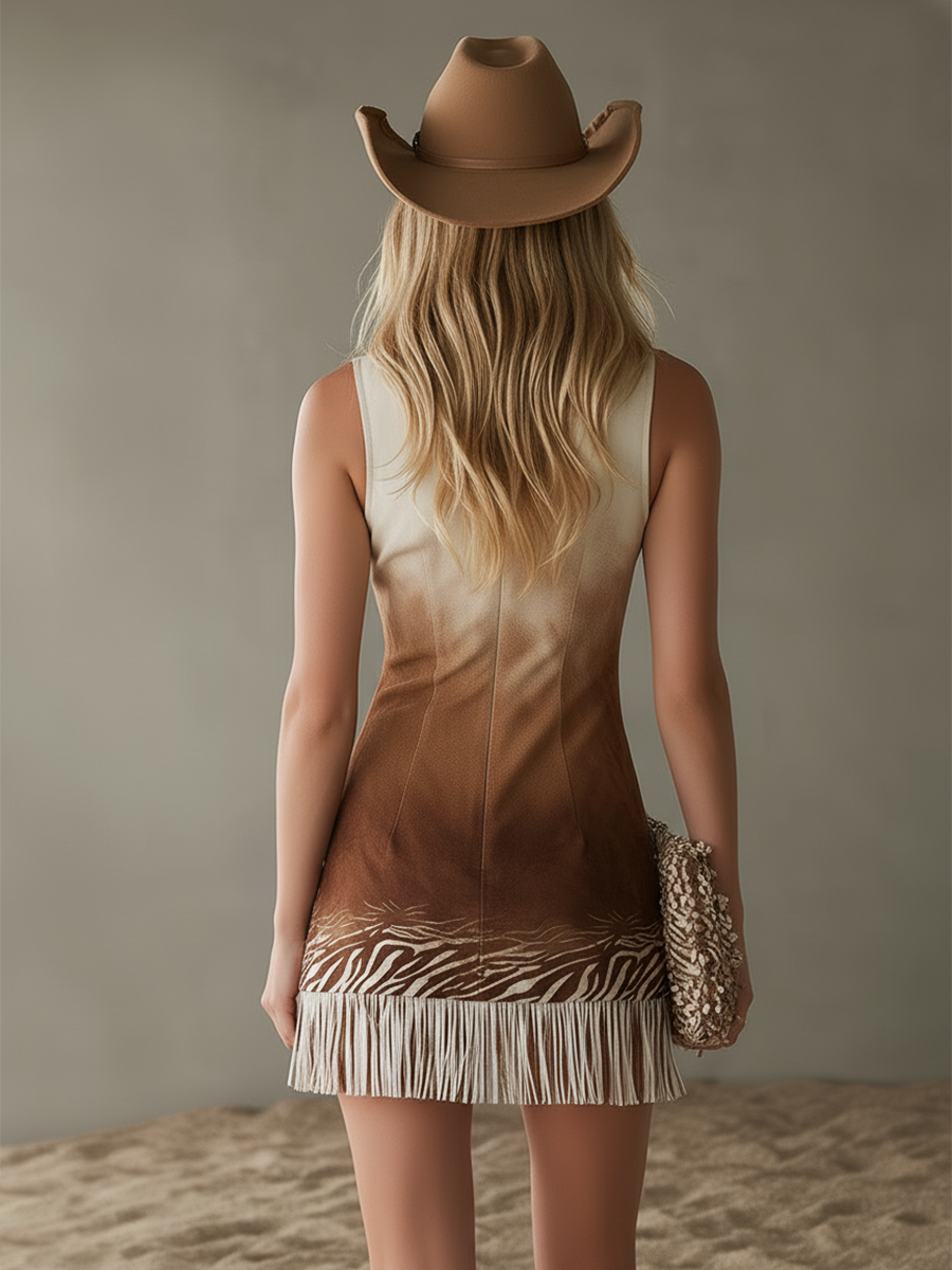 Retro Western Beige-Brown Printed Fringed Faux Suede Mini Dress