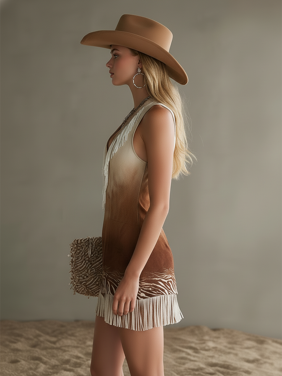 Retro Western Beige-Brown Printed Fringed Faux Suede Mini Dress