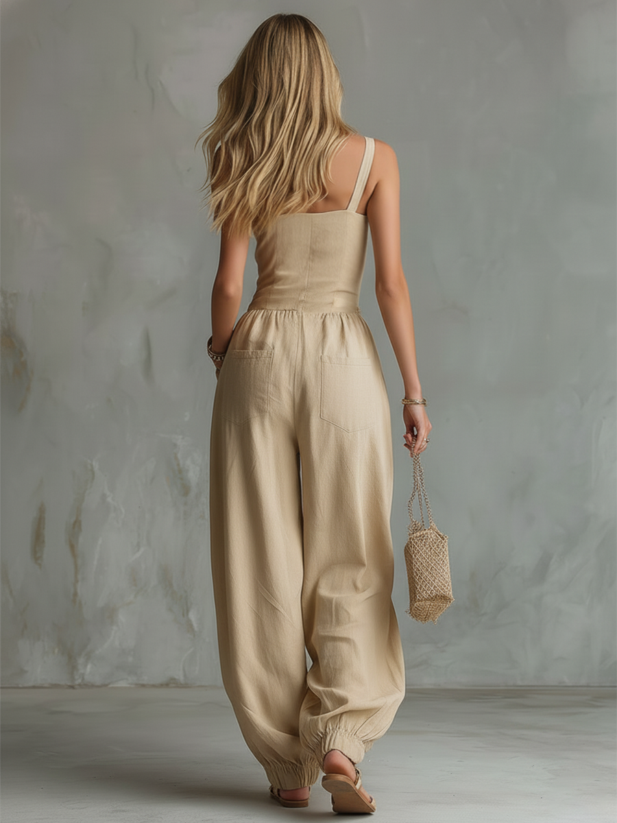 Retro Bohemian Embroidered Beige Cotton-Linen Sleeveless Wide-Leg Jumpsuit