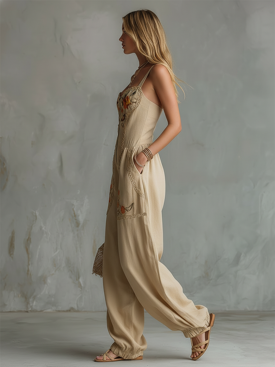 Retro Bohemian Embroidered Beige Cotton-Linen Sleeveless Wide-Leg Jumpsuit