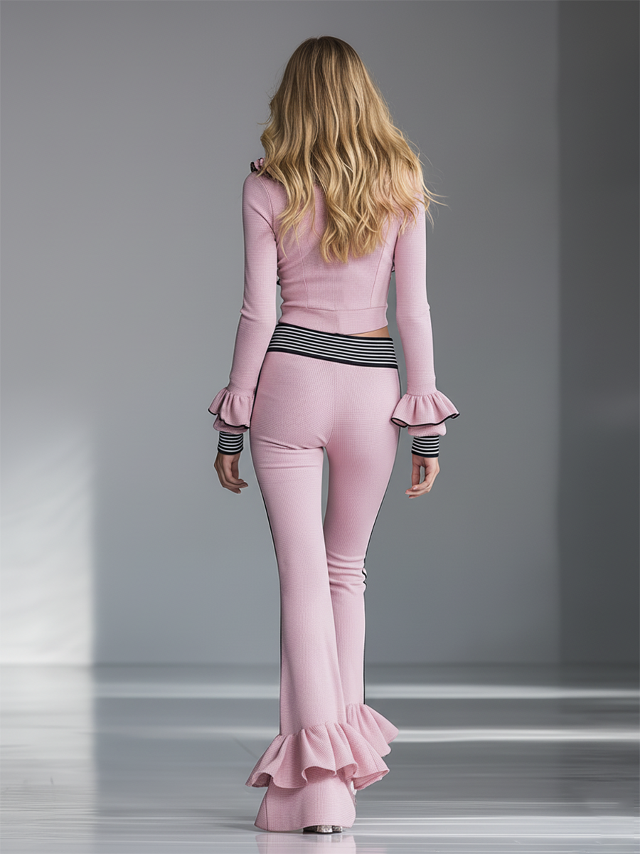 Elegant Sporty Pink Flared Pants Set with Black Trim