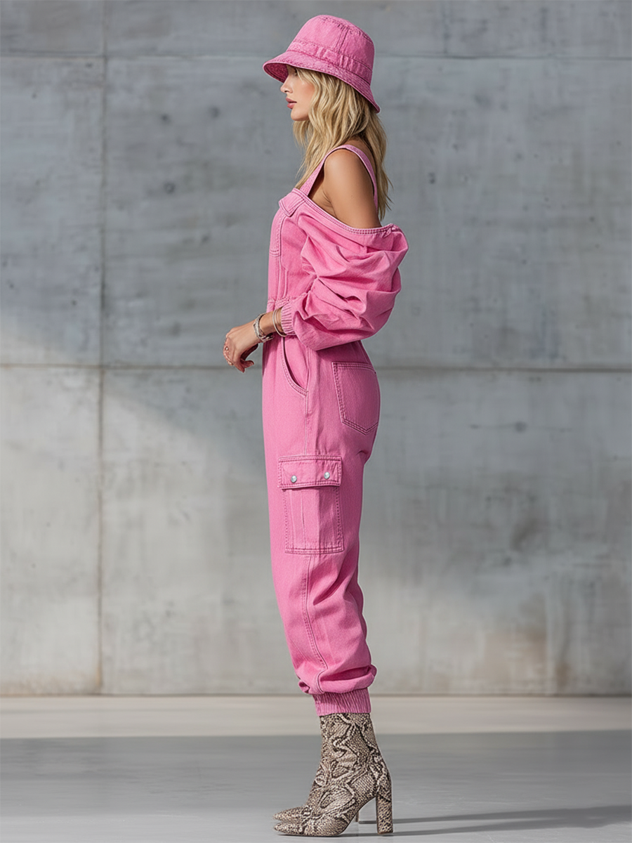 Stylish and Modern Long-sleeved Strappy Tapered Legs Pink Denim Jumpsuit