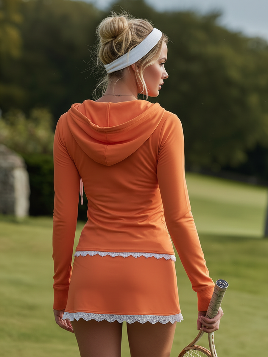 Vibrant Lace-trimmed Orange Hooded Sweatshirt and Shorts Set