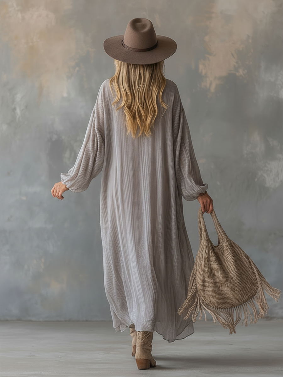 Lazy And Elegant V-neck Light Grey Crinkled Chiffon Maxi Dress