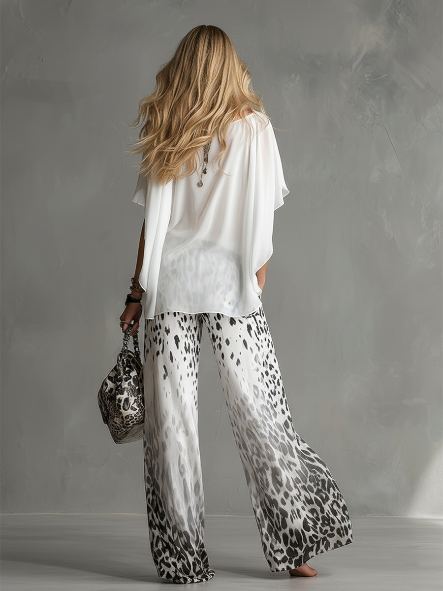 Modern And Stylish White T-shirt And Leopard Print Chiffon Trousers Set