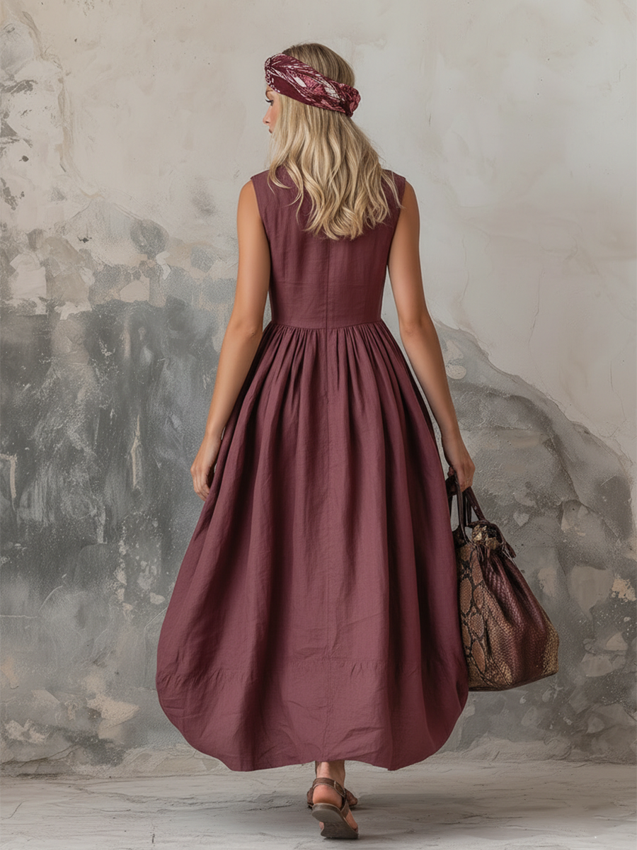 Elegant Zinfandel-coloured Cotton And Linen Sleeveless Maxi Dress
