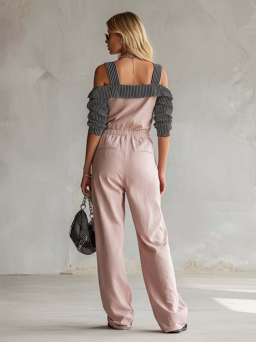 Stylish Colour-blocked Striped Sleeve Pink Cotton Jumpsuit