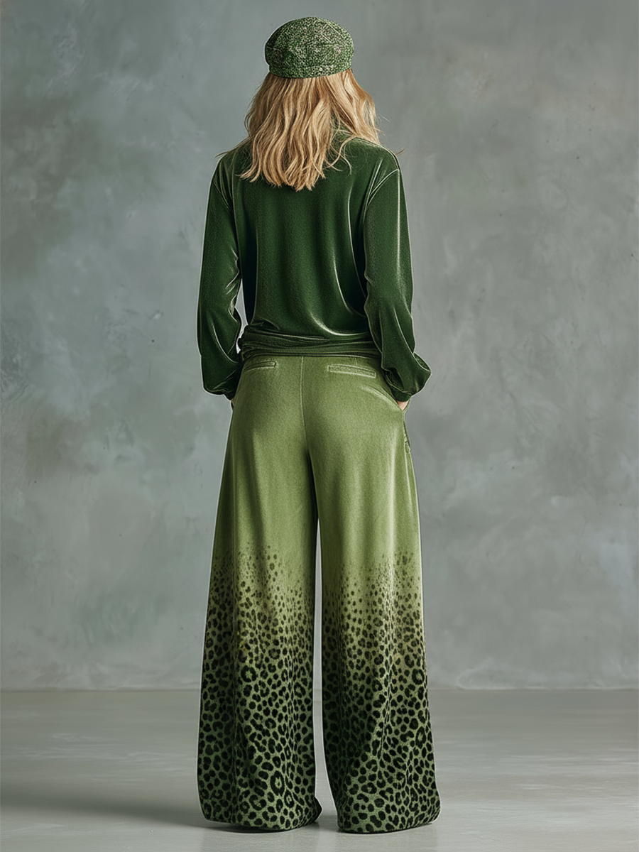 Trendy Retro Sporty Green Velvet Top And Leopard Print Wide-leg Trousers Set