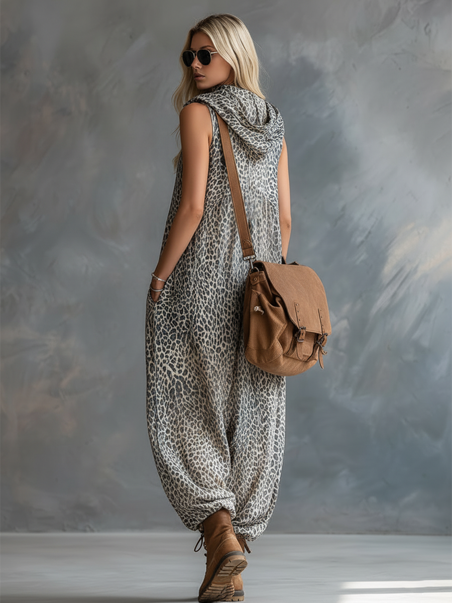 Stylish Urban Apricot-coloured Leopard Print Hooded Chiffon Jumpsuit