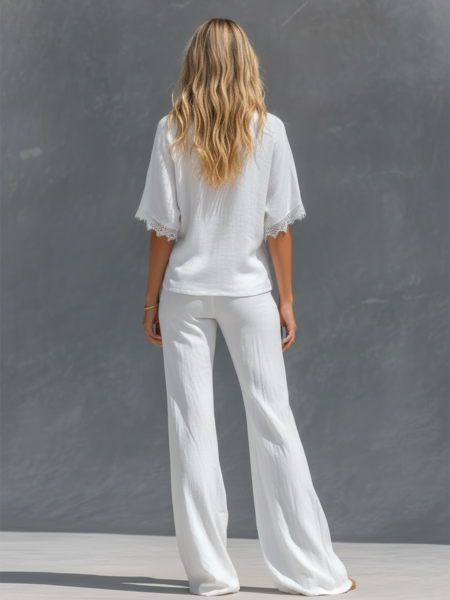 Retro V-neck Cotton and Linen Short-sleeved T-shirt and Wide-leg Trousers Set
