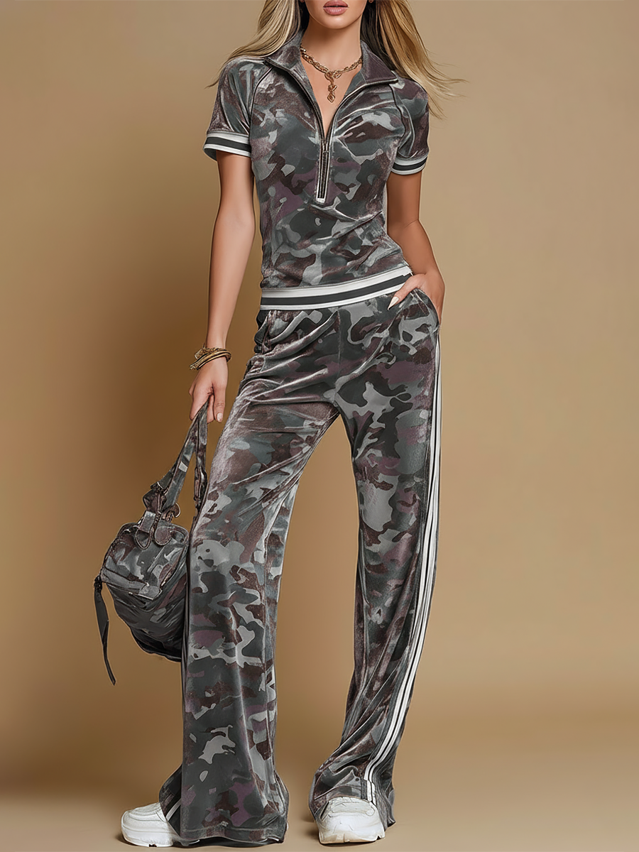 Retro Colour-blocked Striped Trim Camouflage Velvet T-shirt And Trousers Set