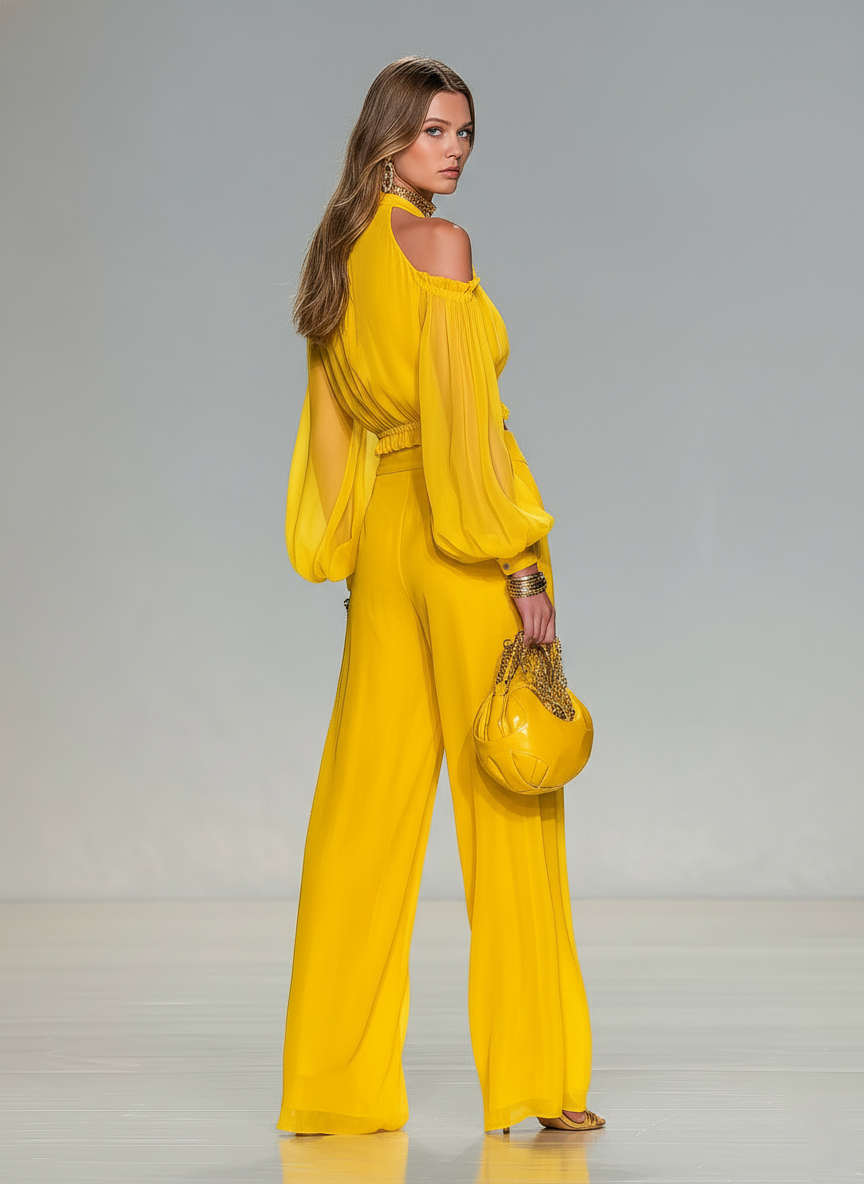 Elegant Urban Style Halter-neck Chiffon Top And Wide-leg Trousers Set