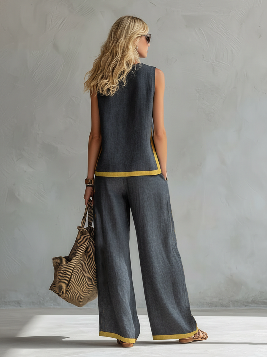 Elegant and Casual Two-tone Trim Grey Cotton and Linen Vest and Trousers Set