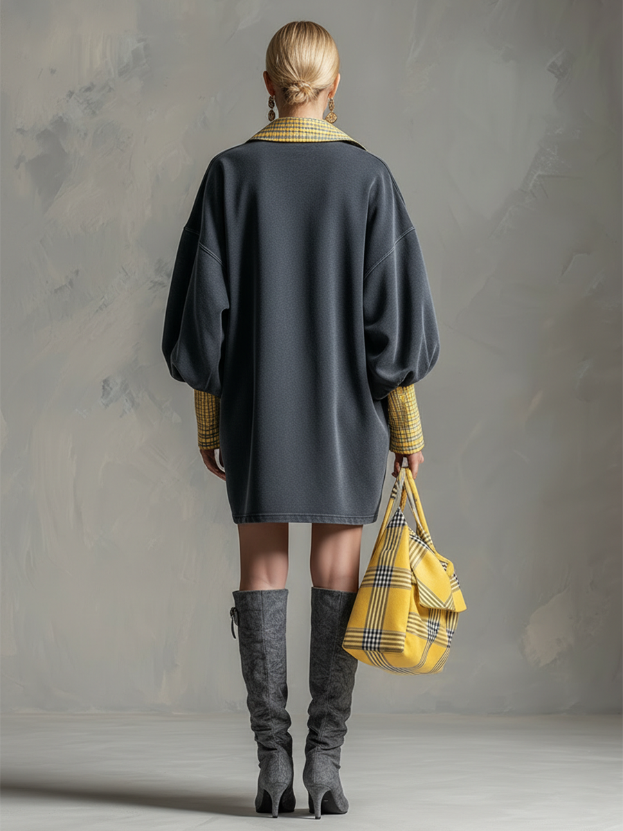 Casual Sporty Plaid Trim Grey Washed Cotton Sweatshirt Mini Dress