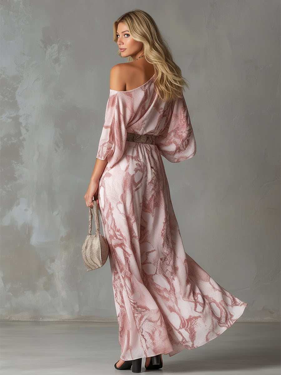 Retro Urban Style Pink Snake Print One-shoulder T-shirt and Wide-leg Trousers Set