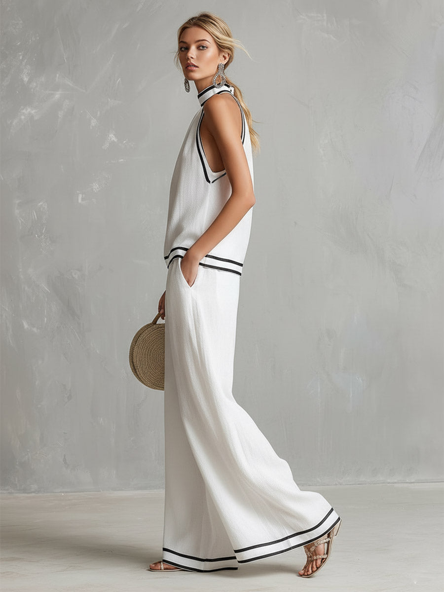 Elegant Minimalist Trimmed White Cotton Linen Halter Neck Top and Wide-leg Pants Set