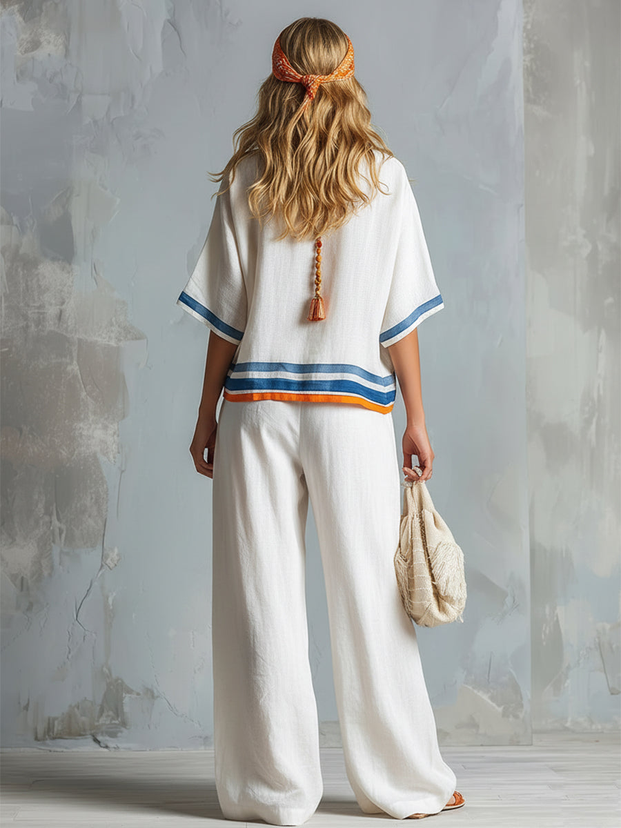 Casual Urban Style Contrast-Trimmed White T-Shirt & Wide-Leg Trousers Cotton-Linen Set