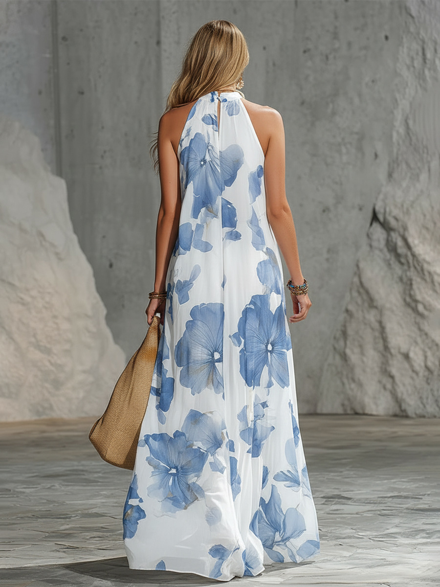 Elegant Retro Vacation-Style Oversized Floral Print Chiffon Maxi Dress