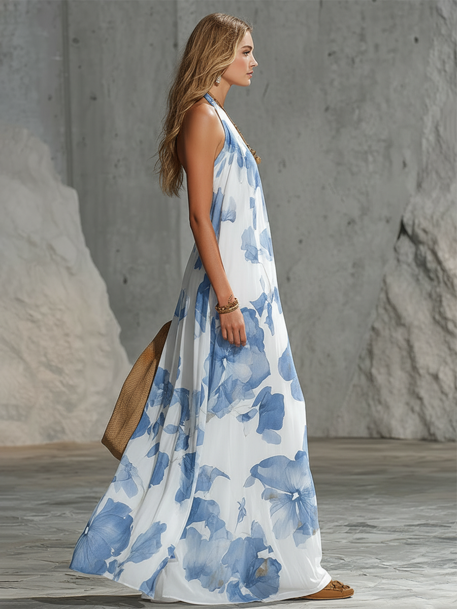 Elegant Retro Vacation-Style Oversized Floral Print Chiffon Maxi Dress