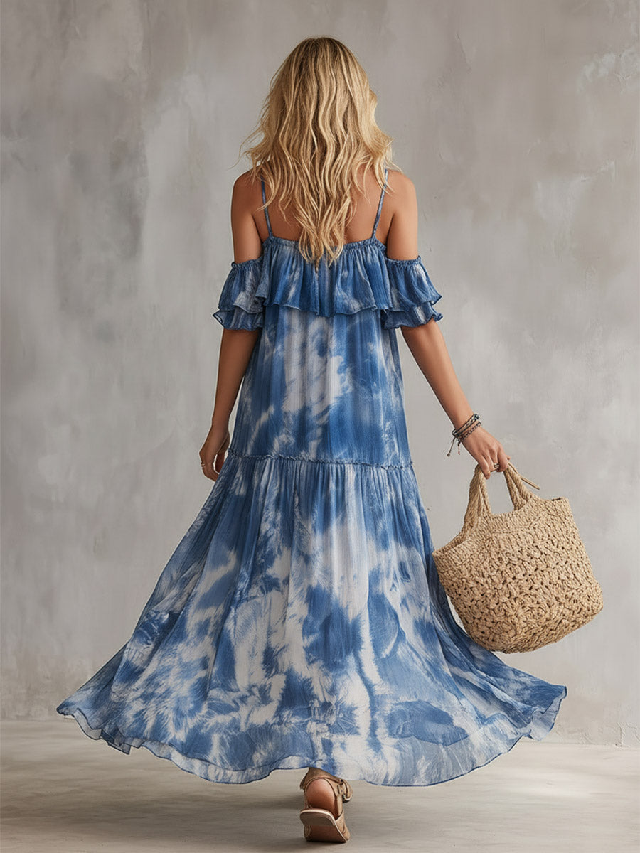 Exquisite Blue Tie-Dye Print Chiffon Off-Shoulder Short-Sleeve Maxi Dress