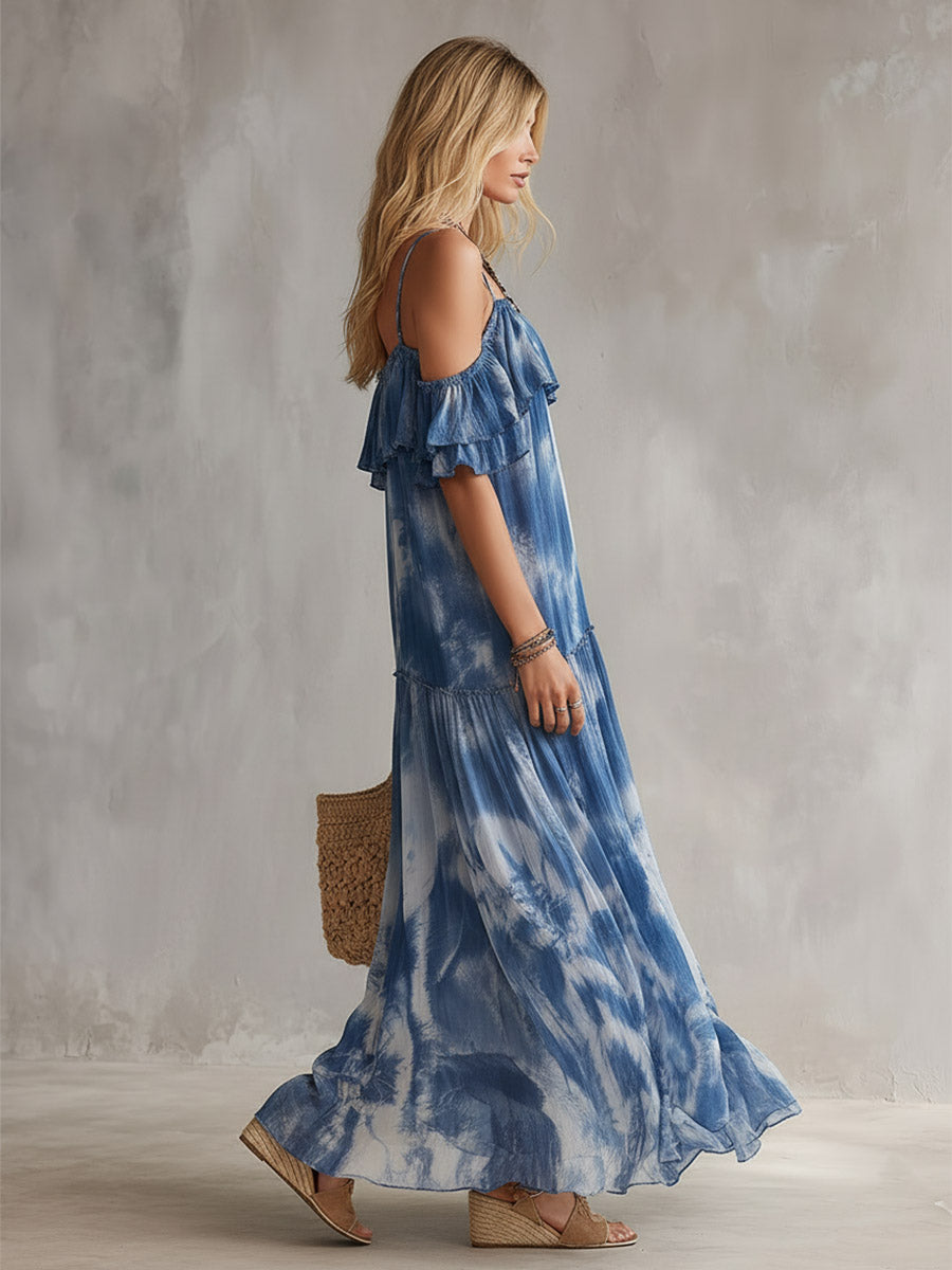 Exquisite Blue Tie-Dye Print Chiffon Off-Shoulder Short-Sleeve Maxi Dress