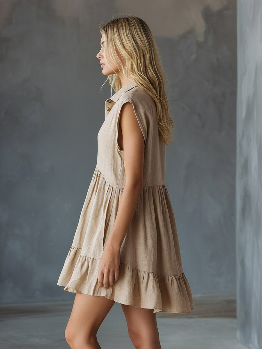 Chic Apricot Cotton-Linen Wide-Shoulder Sleeveless Mini Dress