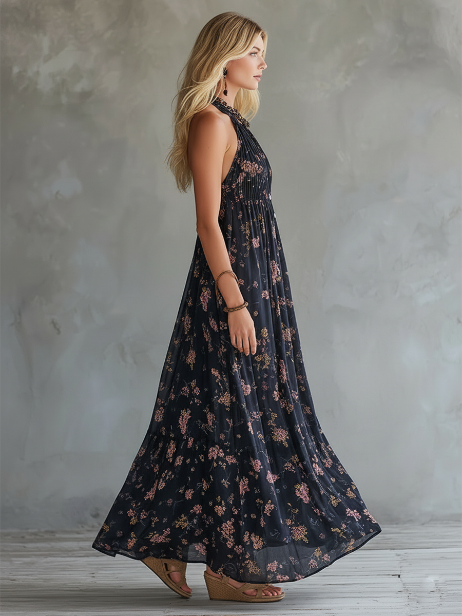 Retro Urban Silhouette Black Floral Print Chiffon Sleeveless Maxi Dress