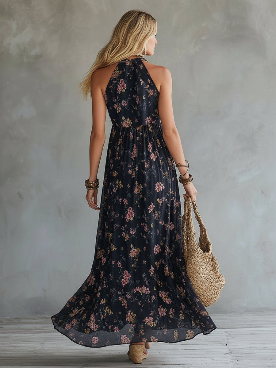 Retro Urban Silhouette Black Floral Print Chiffon Sleeveless Maxi Dress