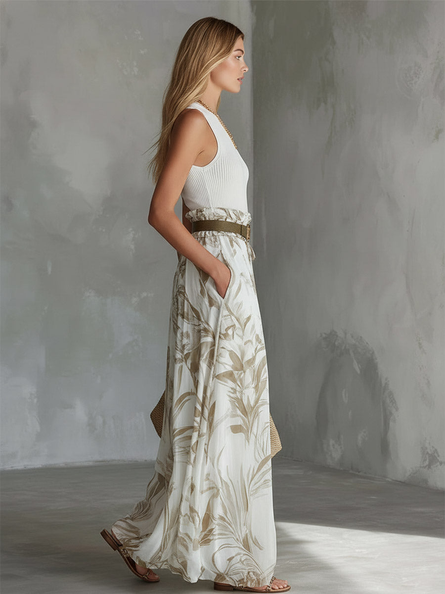 Elegant White Breathable Knit Tank Top Printed Chiffon Wide-Leg Trousers Set