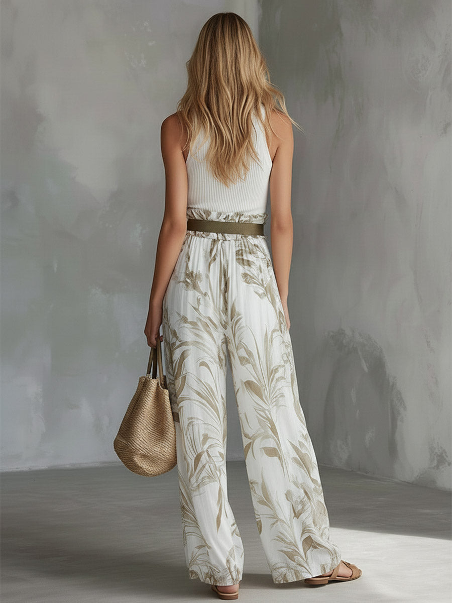 Elegant White Breathable Knit Tank Top Printed Chiffon Wide-Leg Trousers Set